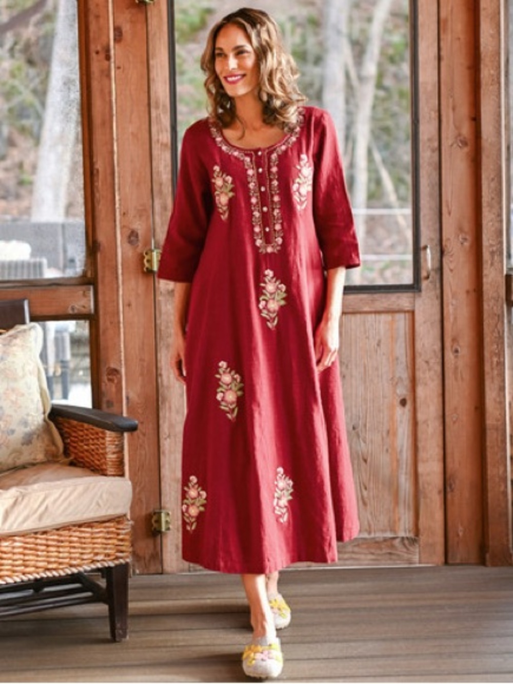 April Cornell Sz M Kerala Red Floral Embroidered Caftan Midi Boho Dress